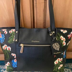 Tommy Bahama Black Medium size Tote with Embroidered Floral Design. NWOT.
